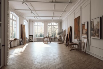 Fototapeta na wymiar A grand, empty room with a parquet floor with stucco panels, molding, and frames. Large, open studio with furnishings and advertising product mock-ups, generative ai