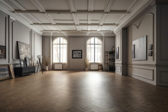 A grand room with a parquet floor with stucco panels, molding, and frames. Large, open studio with furnishings and advertising product mock-ups, generative ai