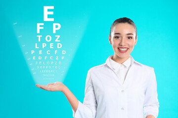 Vision test. Ophthalmologist or optometrist showing eye chart on light blue gradient background