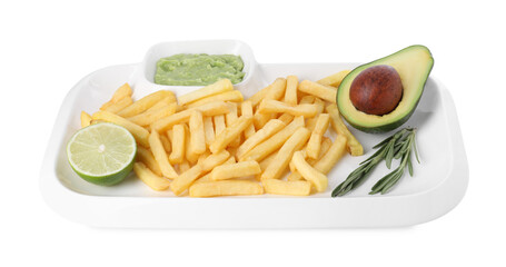 Tray with delicious french fries, avocado dip, lime and rosemary isolated on white