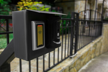 Parking intercom system outdoors, closeup. Space for text