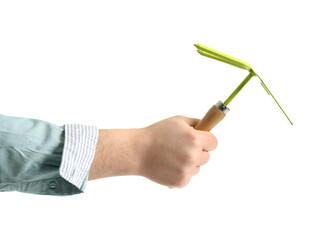 Gardener with tool on white background