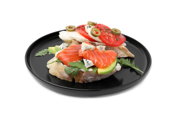 Plate with different tasty bruschettas on white background