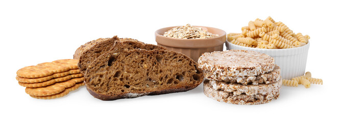 Different gluten free products on white background