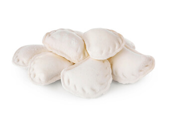 Pile of raw delicious dumplings (varenyky) on white background