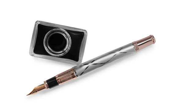 Stylish Fountain Pen And Inkwell On White Background, Top View