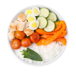 Delicious poke bowl with meat, rice, eggs and vegetables isolated on white, top view