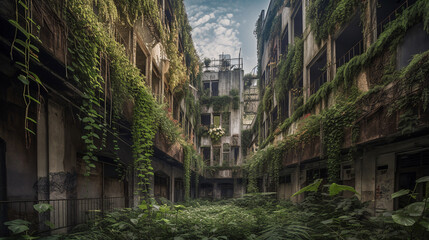 Fototapeta na wymiar old abandoned town with plants and no man generative ai
