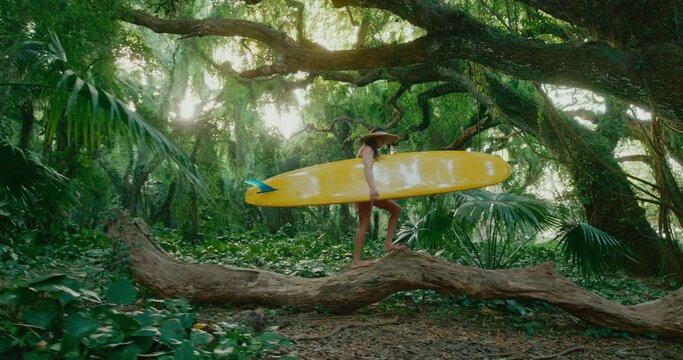 Beautiful Hawaiian surfer girl walking through jungle with classic yellow longboard to go surfing at secret wave, active adventure lifestyle, pacific islander diversity and inclusion