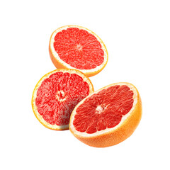Naklejka na ściany i meble Cut fresh grapefruits flying on white background
