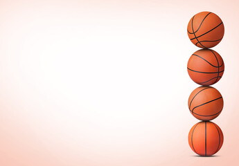 Stack of basketball balls on light coral background. Space for text