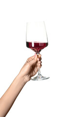 Female hand holding glass of red wine isolated on white background