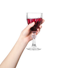 Female hand holding glass of red wine isolated on white background