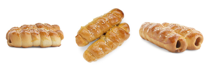 Collage of tasty sausages in dough on white background, different sides