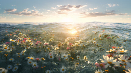 flowers on floating on the sea with waves generative ai