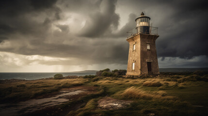 Fototapeta na wymiar lighthouse on the coast dark cloudy day generative ai