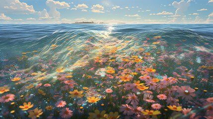 Fototapeta na wymiar flowers on floating on the sea with waves generative ai