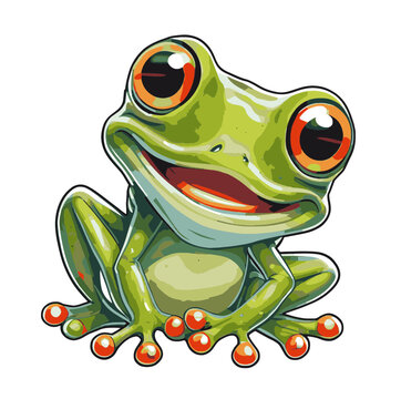 Cute sitting smiling cartoon frog, AI Generated