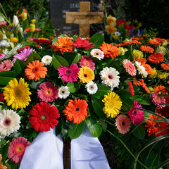 many different colored gerbera daisy flowers with mourning bow on a grave with wooden cross in the background after a funeral