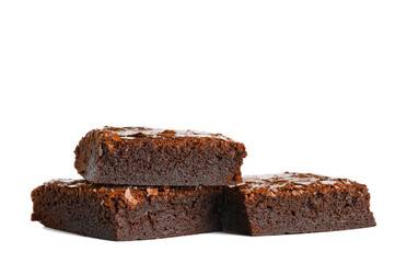 Pieces of tasty chocolate brownie isolated on white background