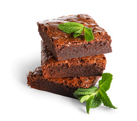 Piece of tasty chocolate brownie isolated on white background