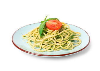 Plate with tasty pesto pasta with tomato on white background