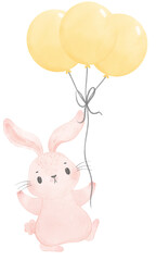 Adorable whimsical sweet happy baby pink bunny rabbit holding  balloons children nursery watercolor hand painting	
