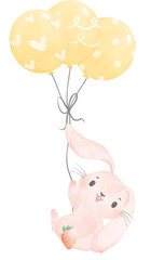 Obraz na płótnie Canvas Adorable whimsical sweet happy baby pink bunny rabbit holding balloons children nursery watercolor hand painting 