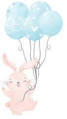 Adorable whimsical sweet happy baby pink bunny rabbit holding  balloons children nursery watercolor hand painting	

