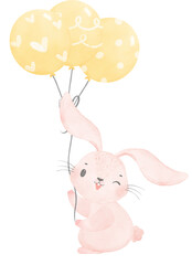 Adorable whimsical sweet happy baby pink bunny rabbit holding  balloons children nursery watercolor hand painting	
