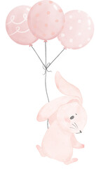 Adorable whimsical sweet happy baby pink bunny rabbit holding  balloons children nursery watercolor hand painting	
