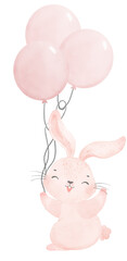 Adorable whimsical sweet happy baby pink bunny rabbit holding  balloons children nursery watercolor hand painting	
