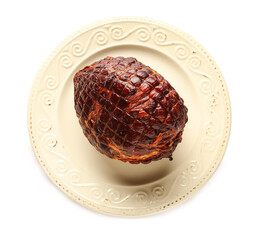 Plate with tasty smoked ham isolated on white background
