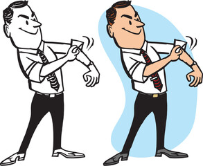 A vintage retro cartoon of a businessman rolling up his sleeves getting ready to go to work. 