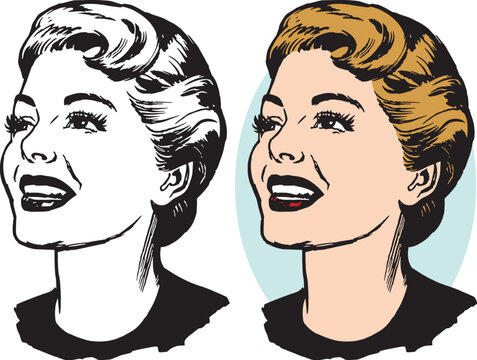 A vintage retro illustration of a portrait of a woman looking up.