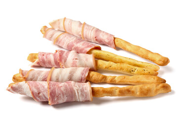 Tasty Italian Grissini with bacon on white background