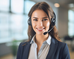Portrait of a smiling customer service agent. Created with Generative AI