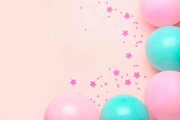 Fototapeta na wymiar Blue and pink balloons with serpentine on color background