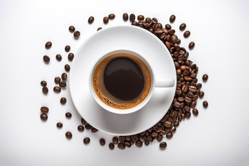 Obraz premium Top view a cup of coffee with coffee beans around a saucer isolated on white background. Created with Generative AI Technology