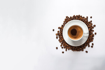 Top view a cup of coffee with coffee beans around a saucer isolated on white background with copy space. Created with Generative AI Technology