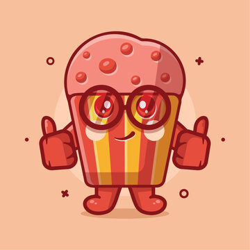 funny muffin cake character mascot with thumb up hand gesture isolated cartoon in flat style design 