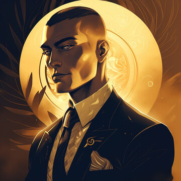Portrait of a businessman in black and gold suit, rich and luxurious, golden abstract background