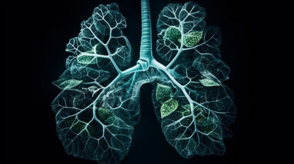Lungs anatomy with blue smoke on black background.generative ai