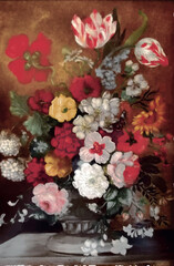 Obraz na płótnie Canvas Flowers In Vase Oil Painting Art, Impressionistic Oil Painting of Bouquet of Flowers in Vase for Digital Art, Colorful Floral Bouquet Oil Painting on Canvas for Wall Art