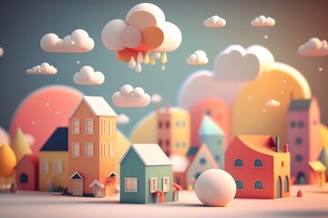 3D cute mini city, mini world, miniature city, kid style, colorful, houses, hotels, streets, clouds, hill, happy color