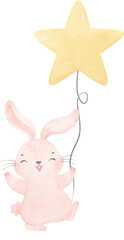 Adorable whimsical sweet happy baby pink bunny rabbit holding a star balloon children nursery watercolor hand painting