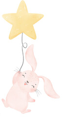 Adorable whimsical sweet happy baby pink bunny rabbit holding a star balloon children nursery watercolor hand painting	
