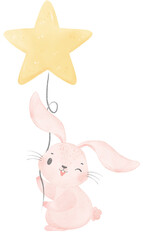 Adorable whimsical sweet happy baby pink bunny rabbit holding a star balloon children nursery watercolor hand painting