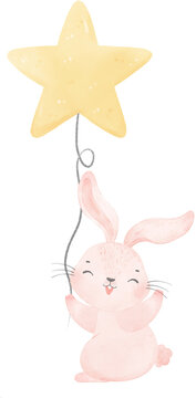 Adorable whimsical sweet happy baby pink bunny rabbit holding a star balloon children nursery watercolor hand painting