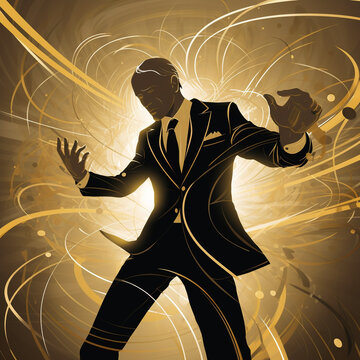 Businessman twirling in a suit and tie, gold and black theme, generative AI